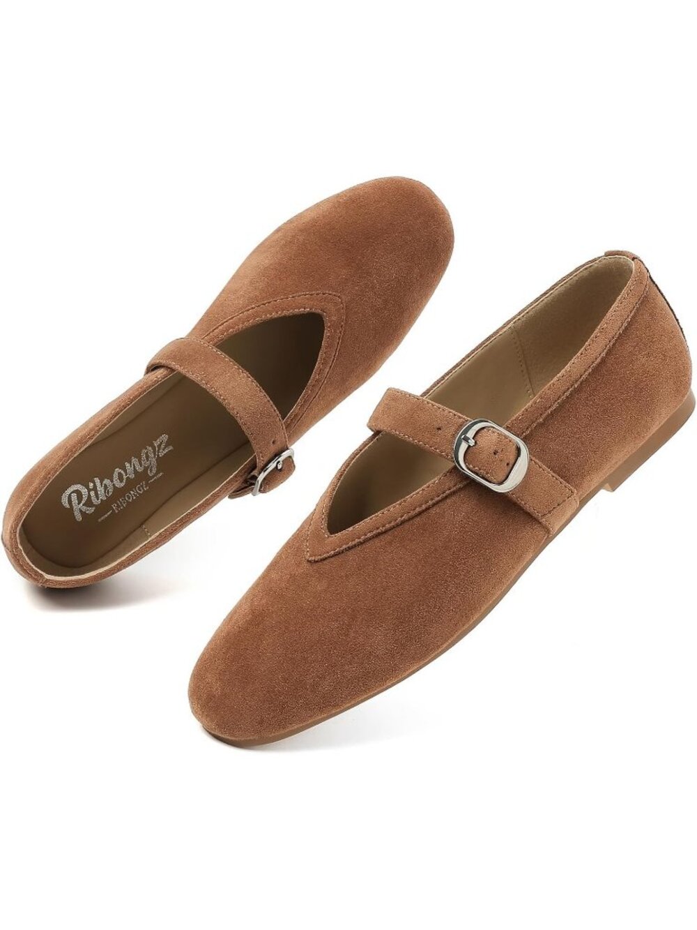 Women's Tan Suede Flats Foldable Ballet Mary Jane Comfort Round Toe Dress Shoes